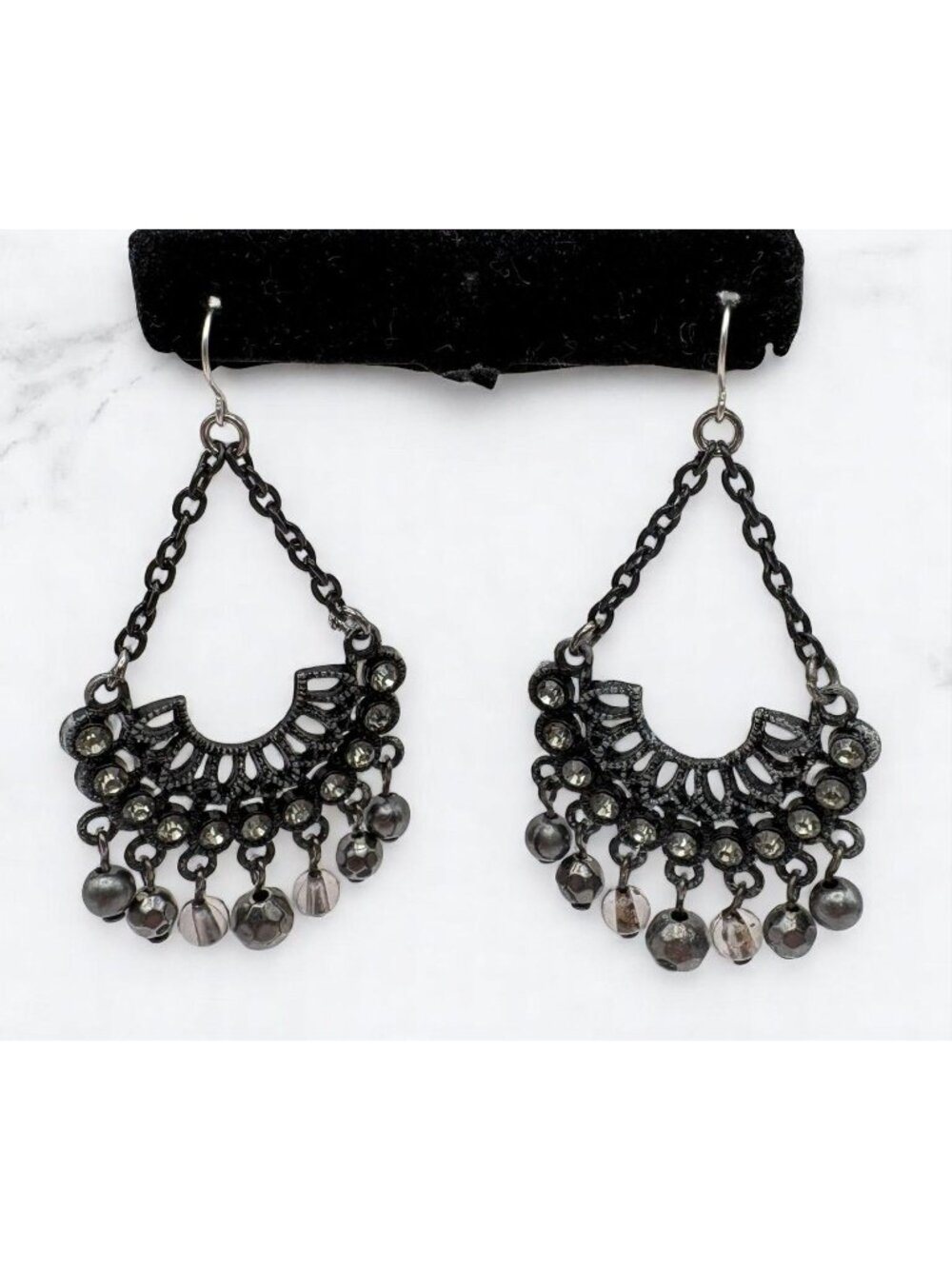 Black Chandelier Dangle Earrings With Rhinestones & Beaded Accents